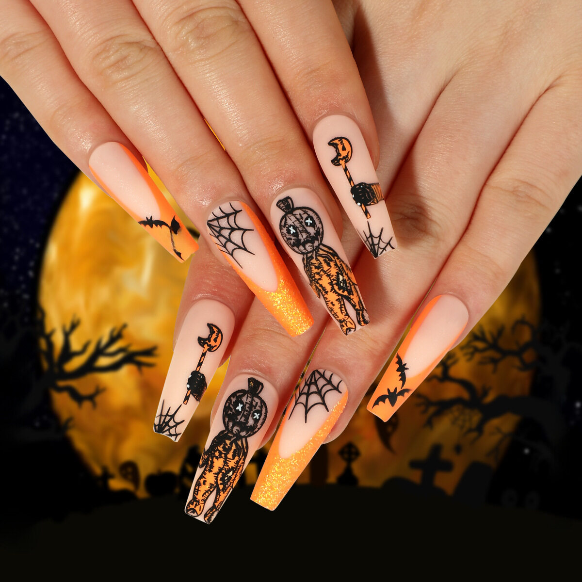 ネイルチップ｜ハロウィン・オレンジ・ラメ・カボチャ・クモの巣・コウモリ・ネイルアート・かわいい|undefined