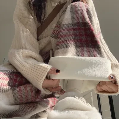 パンツ｜レトロ・ウール混紡・チェック柄・スリムフィット・ロング丈・カジュアル・リラックス・ストレート・ドレープ感・裏起毛・ニット・ワイドレッグ