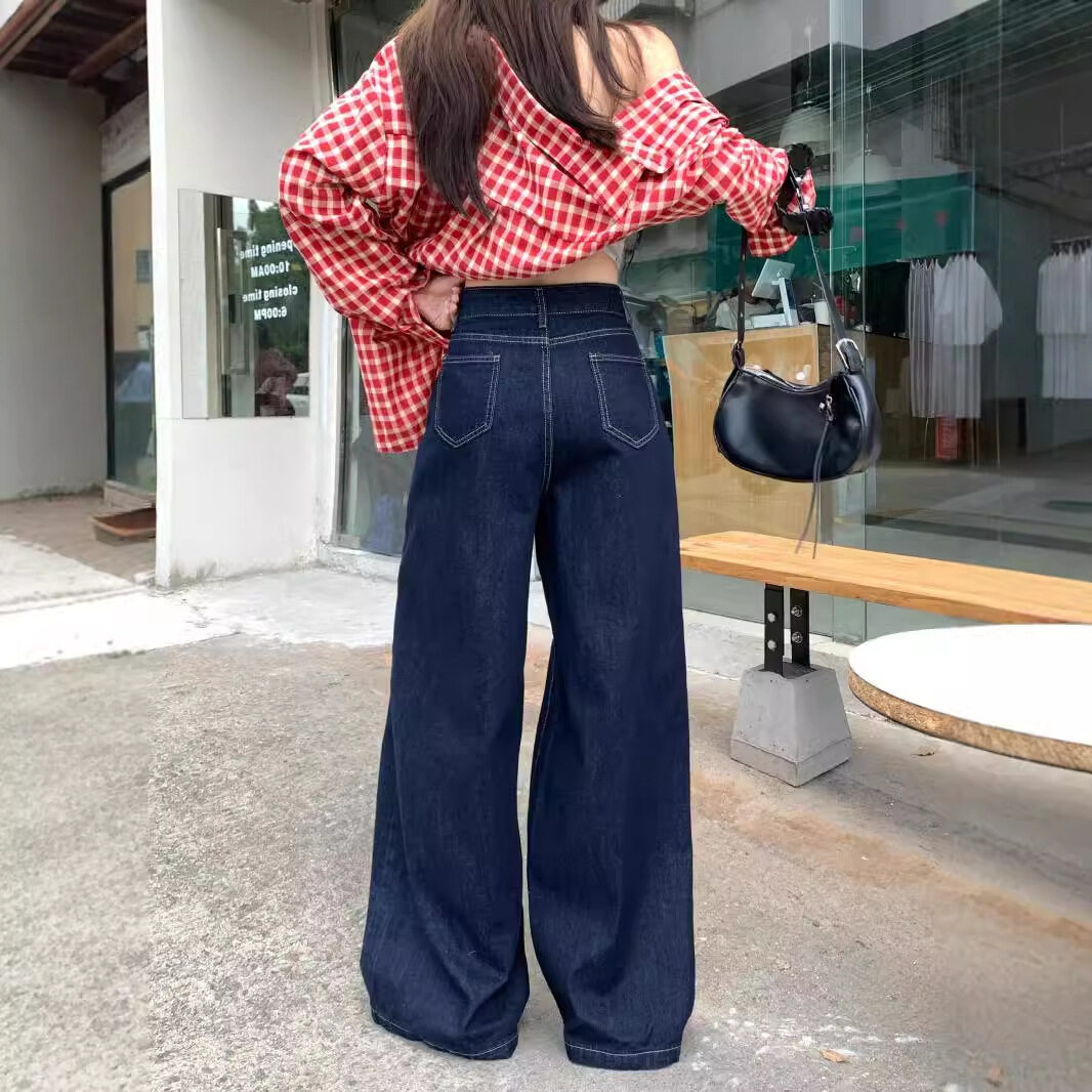 ワイドパンツ｜デニム・深青色・ハイウエスト・ストレート・秋用・ヴィンテージ風・エレガントな垂れ感|undefined