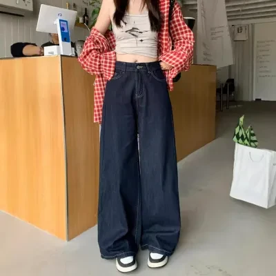 ワイドパンツ｜デニム・深青色・ハイウエスト・ストレート・秋用・ヴィンテージ風・エレガントな垂れ感