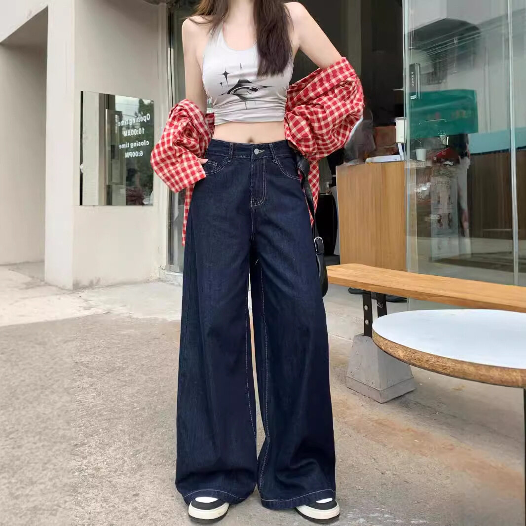 ワイドパンツ｜デニム・深青色・ハイウエスト・ストレート・秋用・ヴィンテージ風・エレガントな垂れ感|undefined