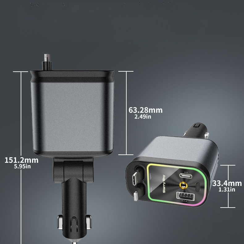 4 in1引き込み式車載充電器｜2本の引き込み式ケーブルとUSB車載充電器・iPhone および Type-c 全タイプ対応・便利なアイテム・アンビエント|undefined