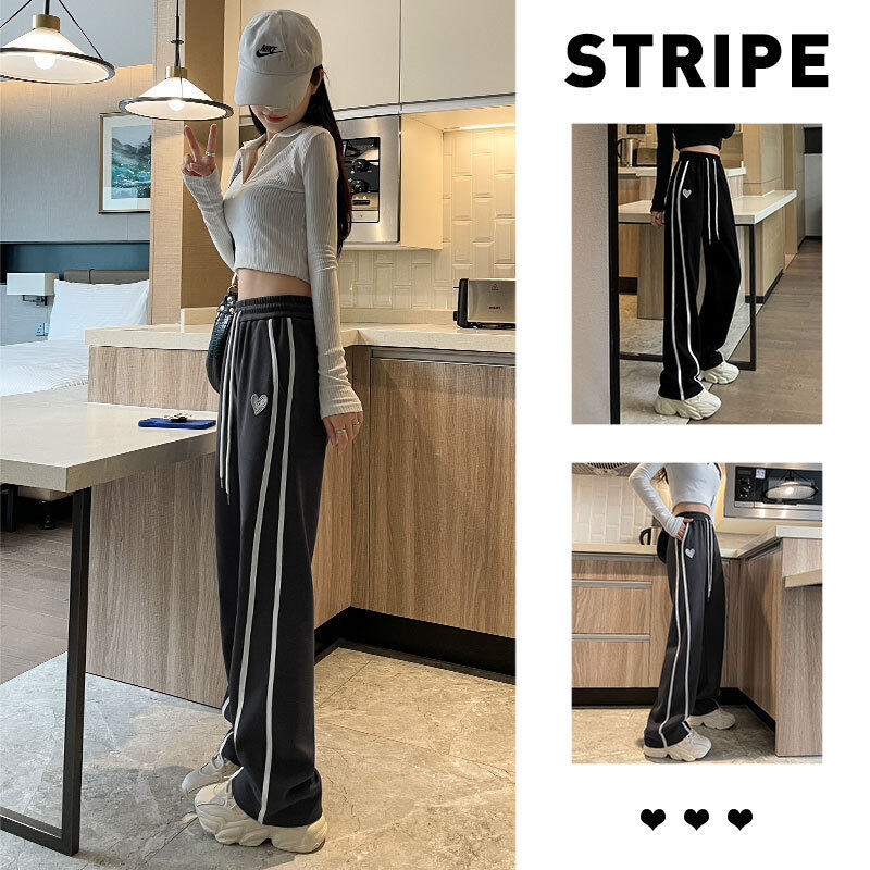 スポーツパンツ｜ハイウエスト・スリム・春秋用・カジュアル・ハートワッペン・ドローストリング・ワイドパンツ|undefined