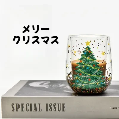 motto ダブルガラスカップ｜耐熱・ダブルウォール・流動するラメ・クリスマスツリー・カップ・かわいい・クリスマスデザイン