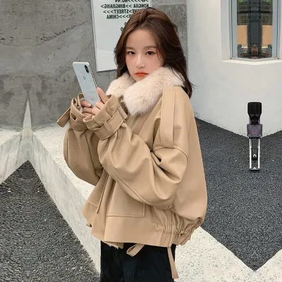 吉 ジャケット｜ルーズ・レディース・カジュアル・フェイクファー・ショート丈・冬用・裏起毛・厚手・コート・バイカースタイル