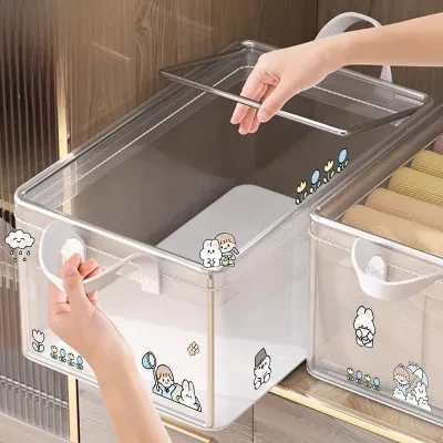 MoveOn 透明な衣類収納バスケット｜スチールフレーム・大容量・持ち運び可能・クローゼット整理・無臭・手提げ可能