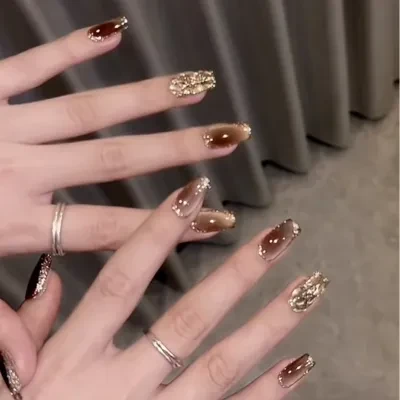 Orange.Nail ネイルチップ｜秋冬・新作・ブラウン・マグネット・シャンパンダイヤモンド・手作り・高級感