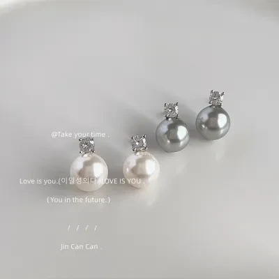 ピアス｜シンプル・グレー・ガラス・パール・925シルバー・ジルコニア