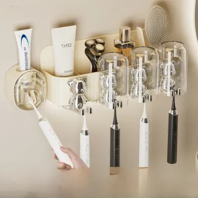 壁掛け収納ラック｜歯ブラシホルダー・穴あけ不要・自動歯磨き粉ディスペンサー・洗面所用・うがい用カップ・歯ブラシ収納ラック