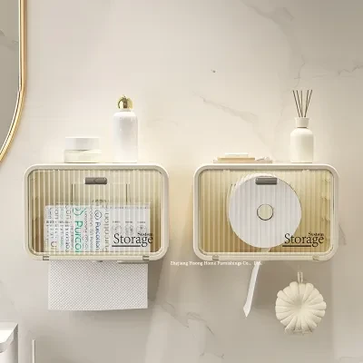 ティッシュ収納ボックス｜穴あけ不要・壁掛け式・化粧品収納ボックス・プラスチック製・蓋付き・卸売・バスルーム収納