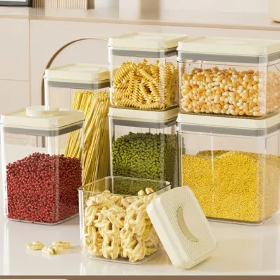 キッチン収納ボックス｜四角い密閉容器・キッチン用・押すだけ・防湿・食品グレード・透明・冷蔵庫用・穀物収納ボックス