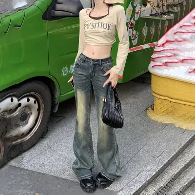 吉 ジーンズ｜フレアパンツ・ヴィンテージ風・レギュラー・薄手・ファッション・ドレープ感・フロアレングス・レディース