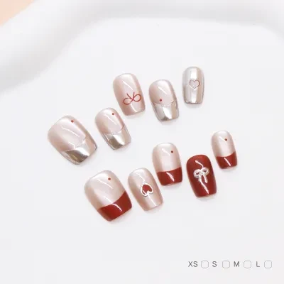 【10枚】ネイルチップ｜手作り・立体・フレンチ・ 猫目・キャットアイ・ハート・リボン・ショート・サイズ別・雰囲気・肌映え・ピンク・赤