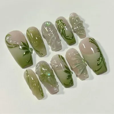QIHENG-NAIL 【24枚】ネイルチップ｜グリーン・立体・ツタ・グラデーション・フレンチ・パール・雰囲気・ファッション・取り外し可能