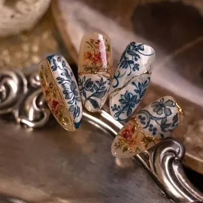 QIHENG-NAIL 【24枚】ネイルチップ｜精緻・中国風・繁花・美白・復古・取り外し可能・気質・おしゃれ
