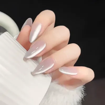 QIHENG-NAIL 【24枚】ネイルチップ｜ホワイト・シンプル・クリーン・水光・キャットアイ・明るく見える・万能・気品・取り外し可能