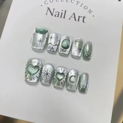 QIHENG-NAIL 【10枚】ネイルチップ手作り・星・月・キャットアイ・ハート・星球・ファッション・オシャレ・肌映え・ショート