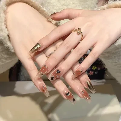 ネイルチップ｜手作り・ネイルチップ・キャラメル・栗・秋冬・チーク・ピンク・スウィートハート・インパクト