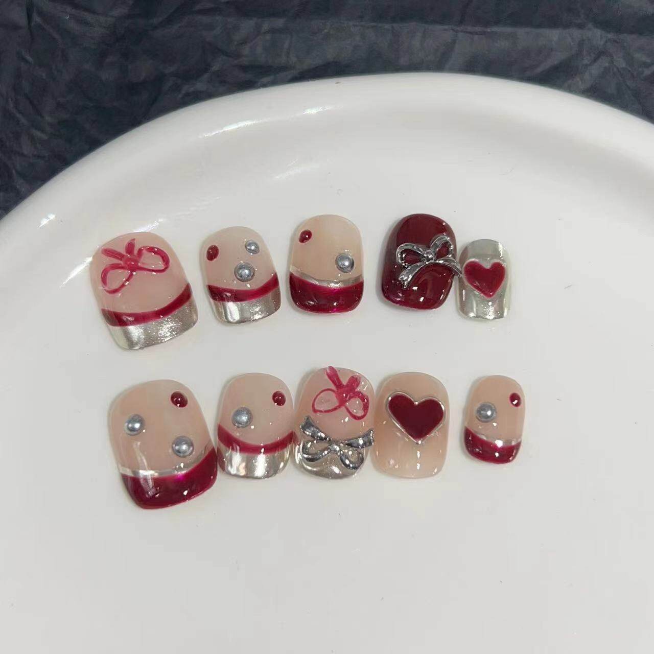 ネイルチップ｜ハンドメイド・ワインレッド・マジックミラー・フレンチネイル・ハート・リボン・卸売り|undefined