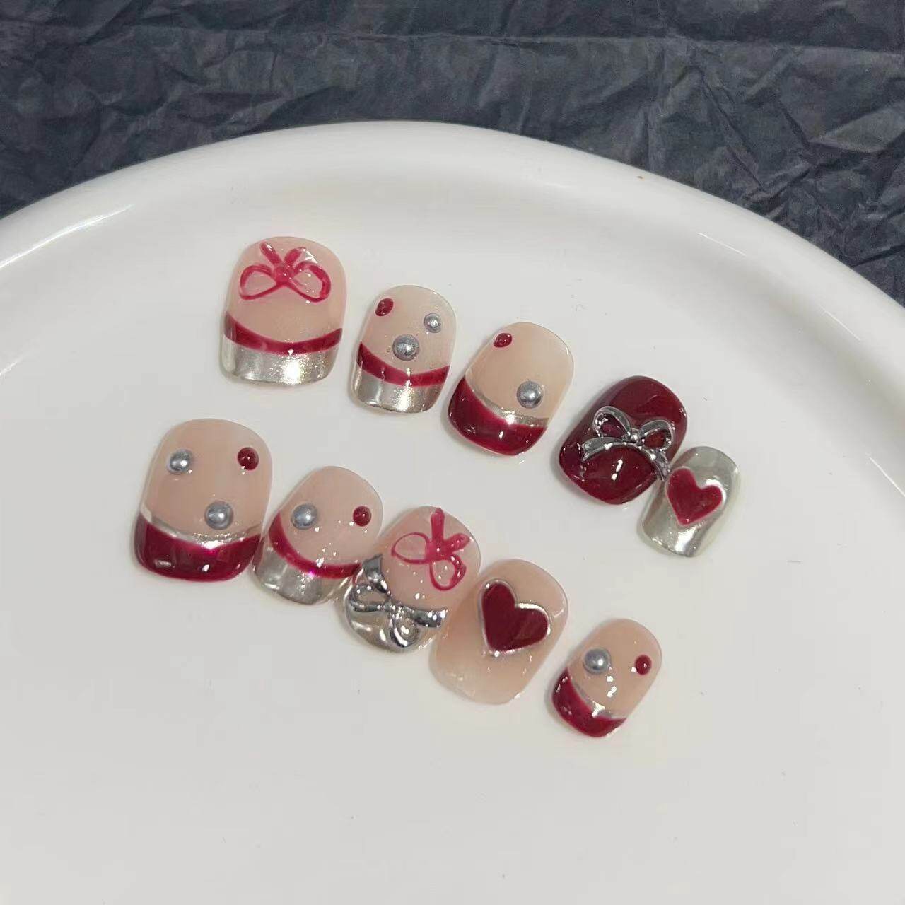 ネイルチップ｜ハンドメイド・ワインレッド・マジックミラー・フレンチネイル・ハート・リボン・卸売り|undefined