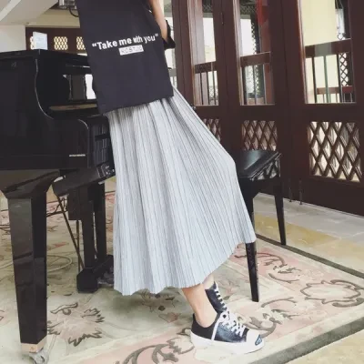 スカート｜コットン・プリーツ・ロング・ハイウエスト・レトロ・韓国風・大きな裾