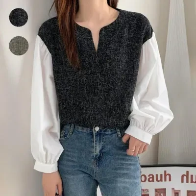 シャツ｜新作・春服・バルーンスリーブ・フェイクレイヤード・ツイード風・人気商品