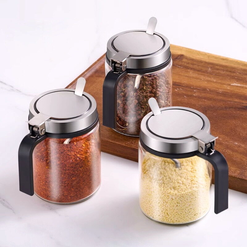 ステンレススチール・スプリングキャップ・調味瓶・防湿ガラス・調味料入れ・キッチン用品・ハンドル付き・304・小さじ・味精・塩入れ|undefined