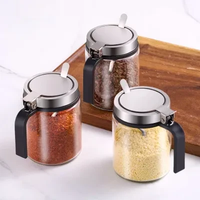 ステンレススチール・スプリングキャップ・調味瓶・防湿ガラス・調味料入れ・キッチン用品・ハンドル付き・304・小さじ・味精・塩入れ
