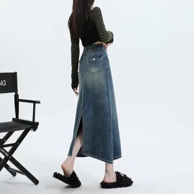 デニムスカート・ミディ丈・スリット入り・ポケット付き・タイト・ヴィンテージ風・秋用・ファッション・レディース・マスタードカラー