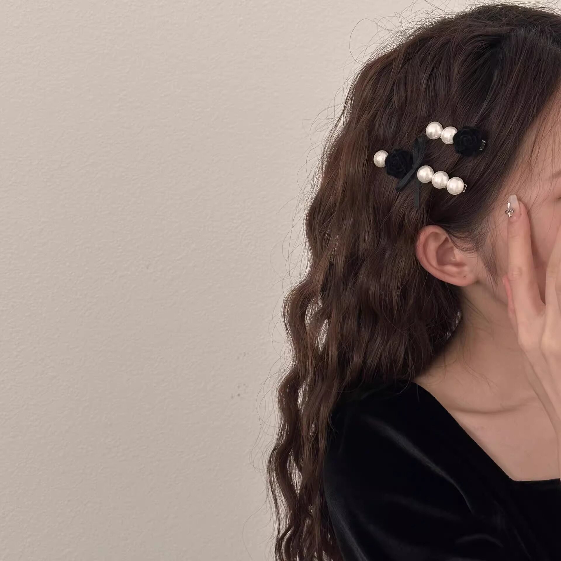 ヘアアクセサリー｜レトロ・パール・バラ・サイドバング・バナナクリップ・後頭部|undefined