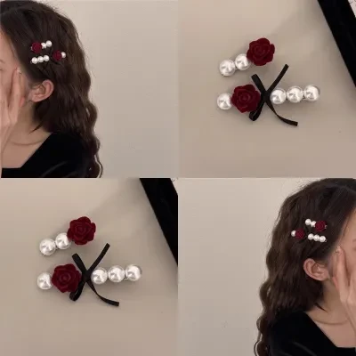 ヘアアクセサリー｜レトロ・パール・バラ・サイドバング・バナナクリップ・後頭部