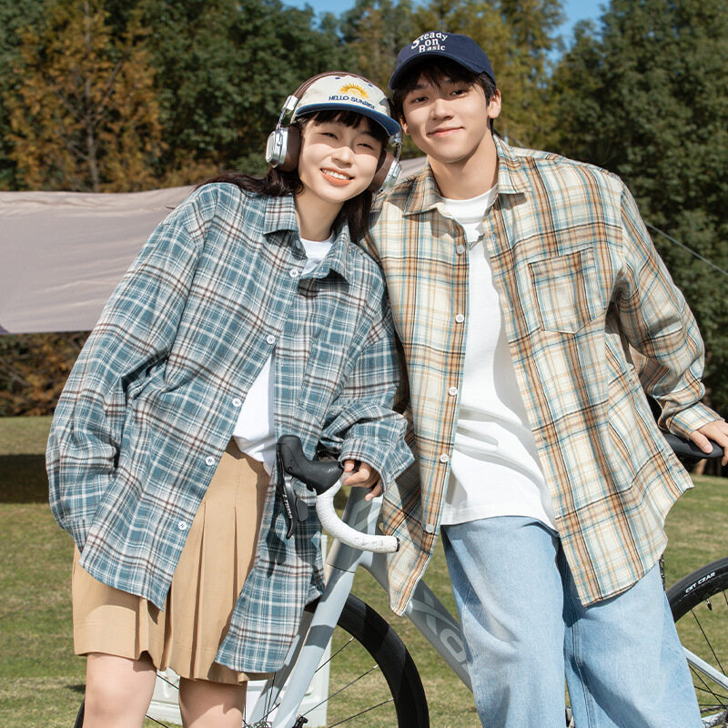 長袖シャツ｜レトロ・カップル用・春・新作・バイカラー・チェック柄・ゆったり・カジュアルシャツ・アウター|undefined