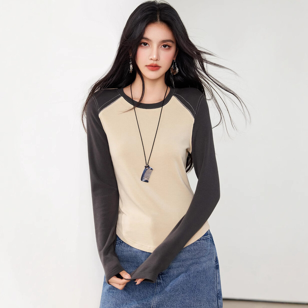 Tシャツ｜ラウンドネック・カラーブロック・ソフト・ウエストシェイプ・スリムフィット・長袖・春用|undefined
