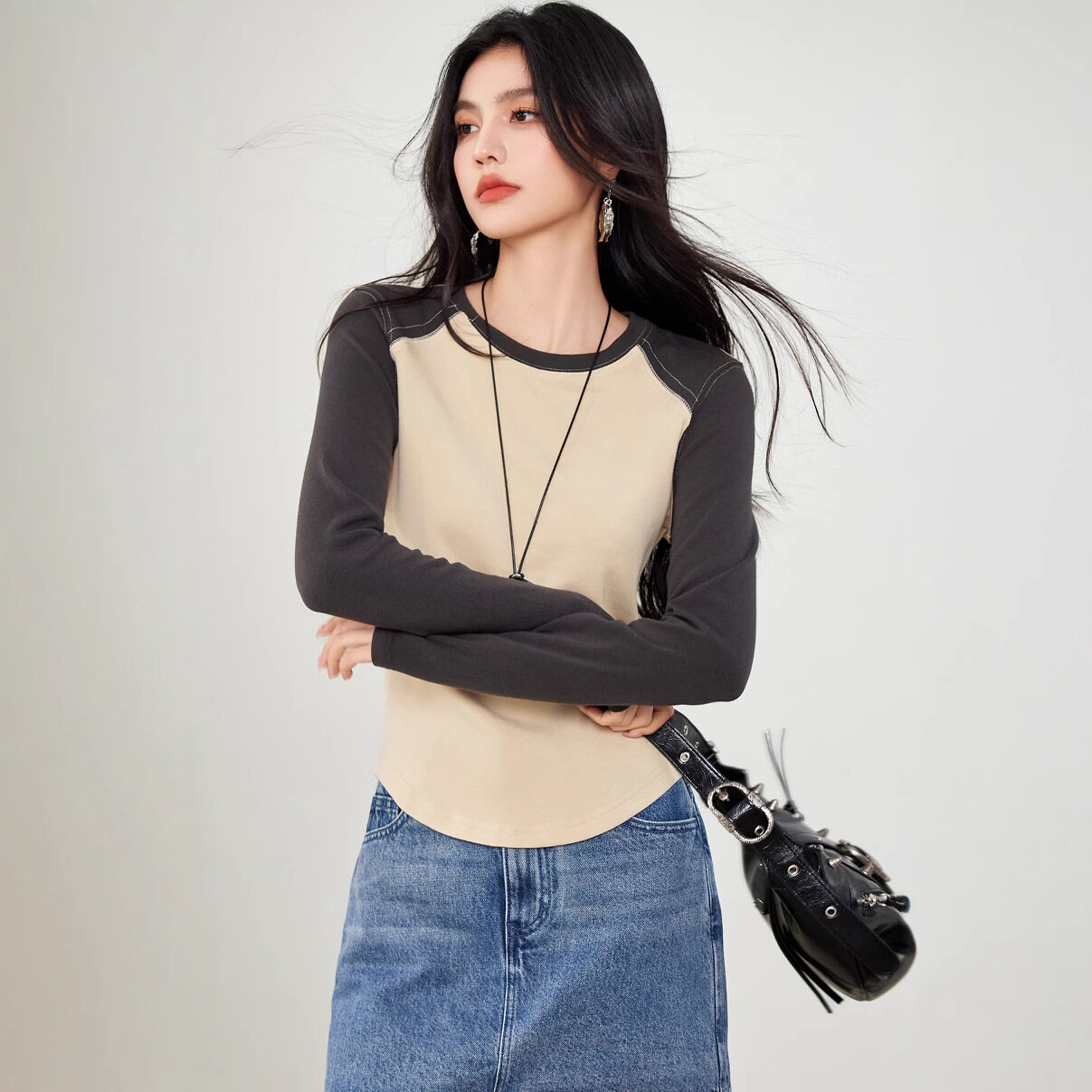 Tシャツ｜ラウンドネック・カラーブロック・ソフト・ウエストシェイプ・スリムフィット・長袖・春用|undefined