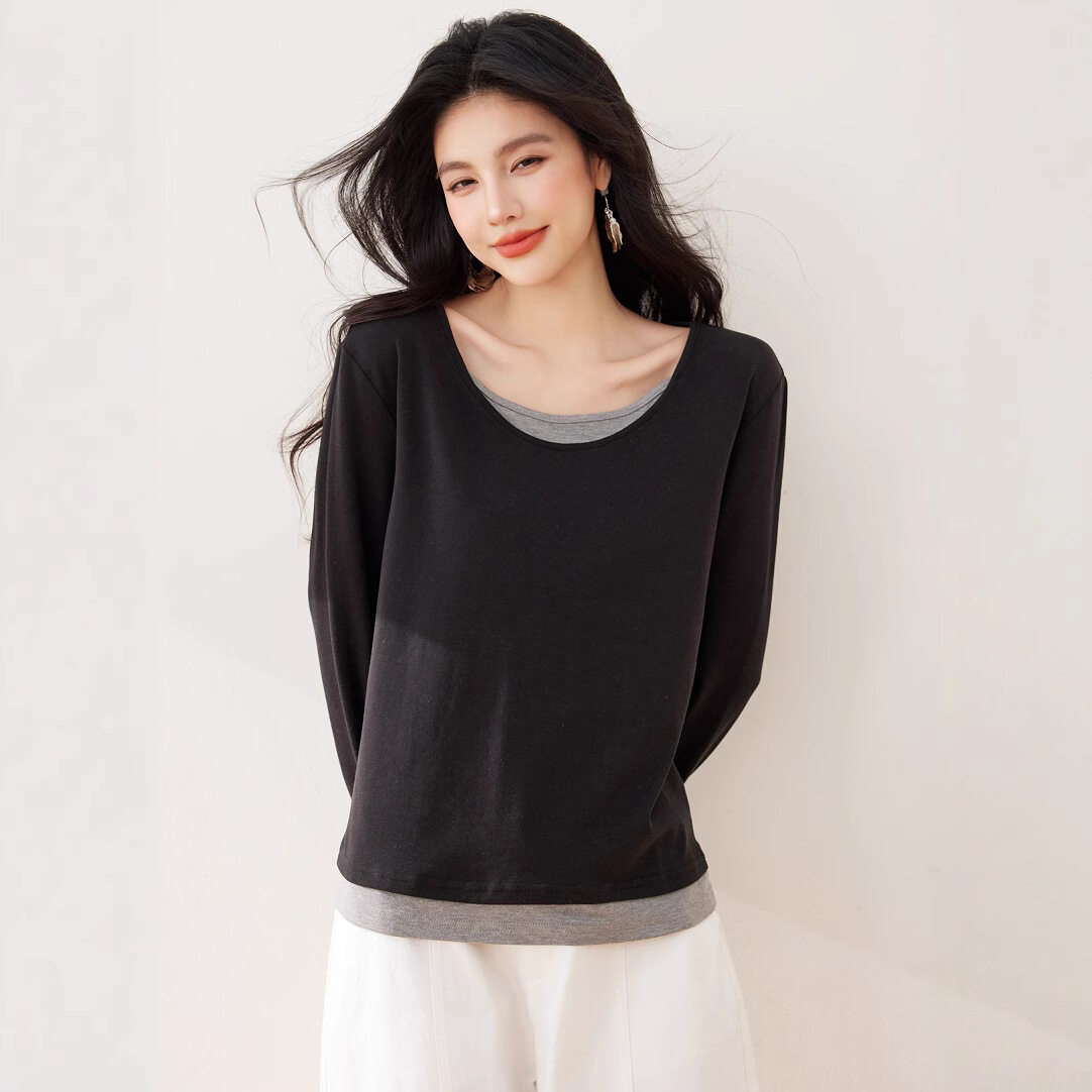 長袖Tシャツ｜レディース・Uネック・フェイクレイヤード・リラックスフィット・春用・ファッション|undefined
