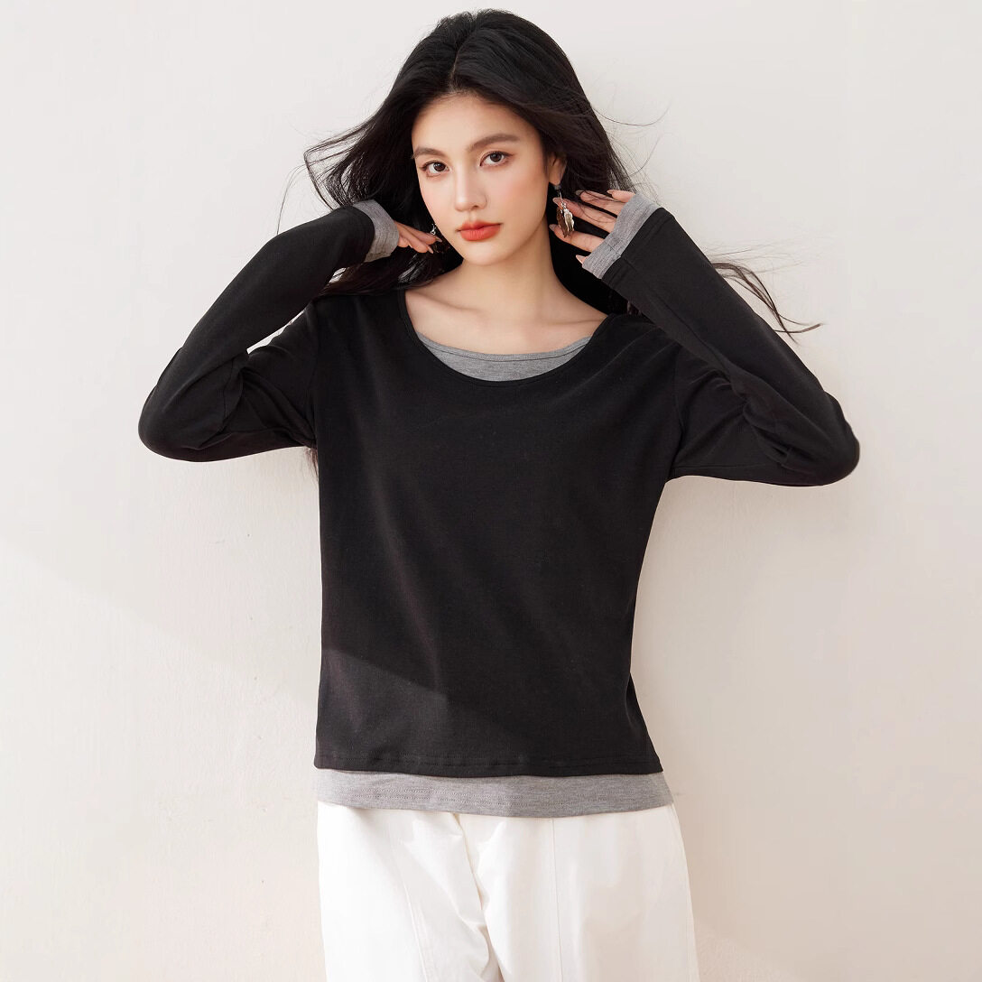 長袖Tシャツ｜レディース・Uネック・フェイクレイヤード・リラックスフィット・春用・ファッション|undefined