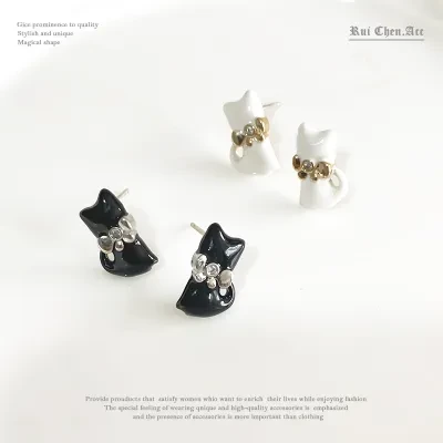 イヤリング｜ピアス・アクセサリー・人気・猫・エナメル・小型・リボン・925シルバー・ノンホール