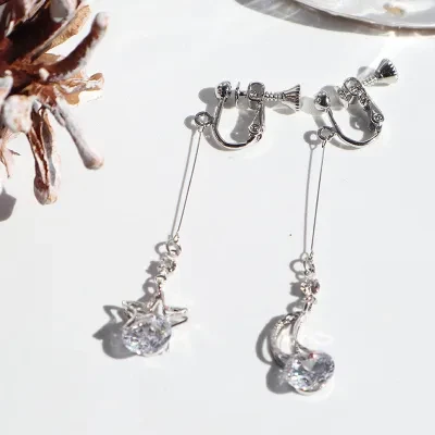 YOOYOOTOWN ピアス｜アクセサリー・イヤリング・クリップ・星・月・アシンメトリー・フリンジ・S925シルバー