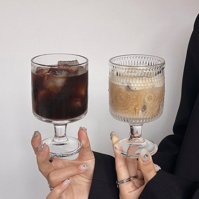 ガラスカップ｜レトロ・インスタ風・ひまわり・浮彫り・高級感・デザイン性・飲料用・ジュース・高脚・水杯|undefined