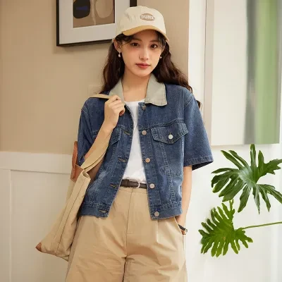 ジャケット｜韓国デザイン・カラーブロック・襟付き・デニムジャケット・レトロ・ゆったり・カジュアル・女性