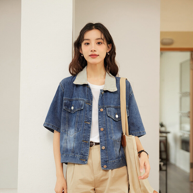 ジャケット｜韓国デザイン・カラーブロック・襟付き・デニムジャケット・レトロ・ゆったり・カジュアル・女性|undefined
