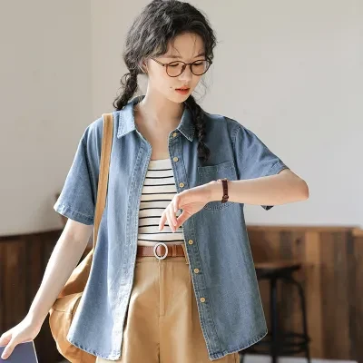 吉 2024夏新・韓風・デザイン感・デニムシャツ・女性用・小柄・ポケット・襟付き・トレンド