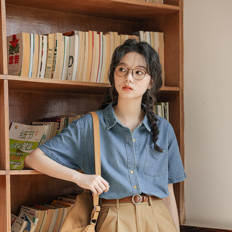 2024夏新・韓風・デザイン感・デニムシャツ・女性用・小柄・ポケット・襟付き・トレンド|undefined