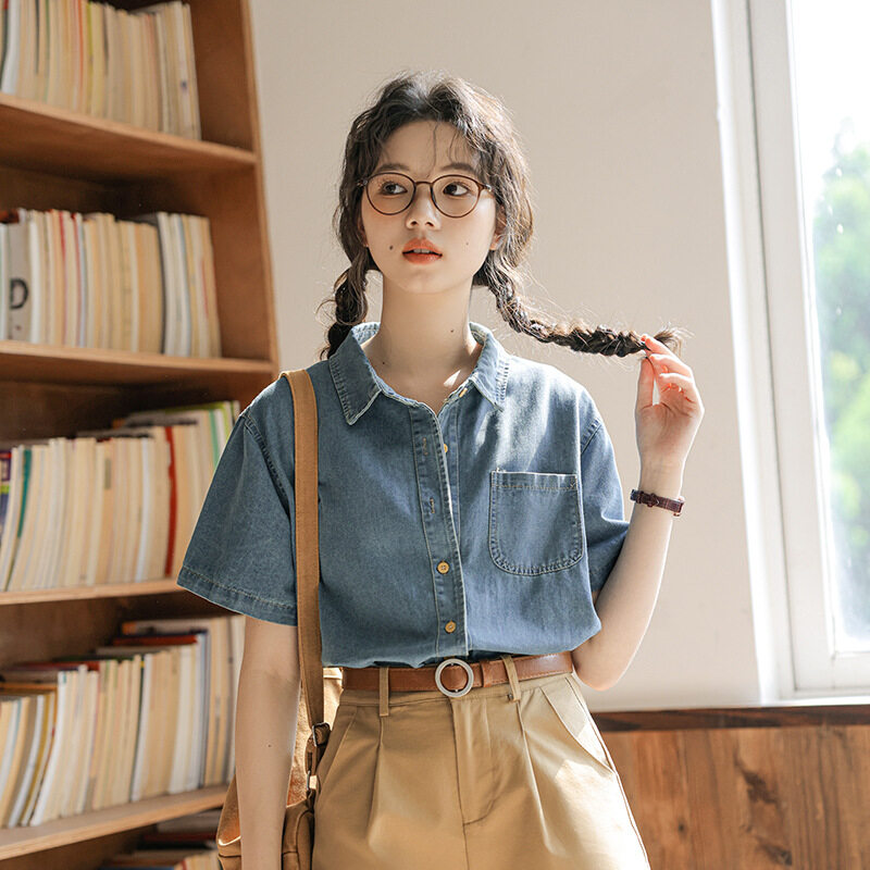 2024夏新・韓風・デザイン感・デニムシャツ・女性用・小柄・ポケット・襟付き・トレンド|undefined