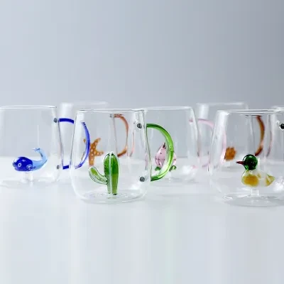 飲み物カップ｜立体動物・ガラス製・ハンドル付き・夏向け・ジュース・飲料用・多様なデザイン
