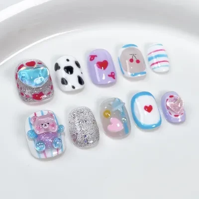 Orange.Nail ネイルチップ｜手作り・カートゥーン・立体・ハート・クマ・かわいい・手描き・ショート・着用・ネイル