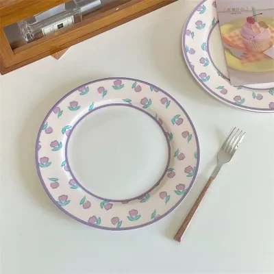 ケーキ皿｜食洗機対応・電子レンジ対応・クリームパープル・チューリップ・レトロ・プレート・高見え・インスタ風・朝食用・アフタヌーンティー・デザートプレート