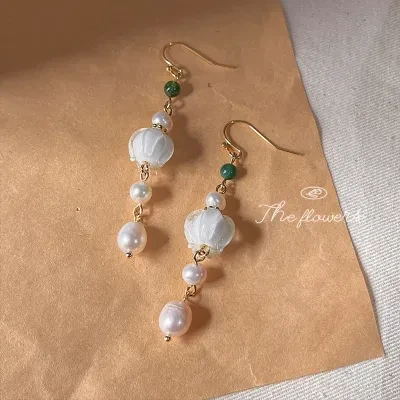 ピアス｜レトロ・ガラス・ハンドメイド・ファッション・レディース・ロング・タッセル・ハスの花
