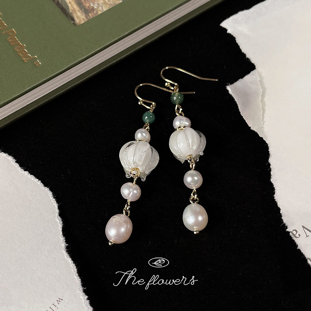 ピアス｜レトロ・ガラス・ハンドメイド・ファッション・レディース・ロング・タッセル・ハスの花|undefined