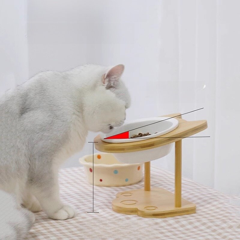 猫用陶器ボウル｜高脚木製スタンド・首を守る・犬用食器・転倒防止・ペット用ボウル・陶器製|undefined